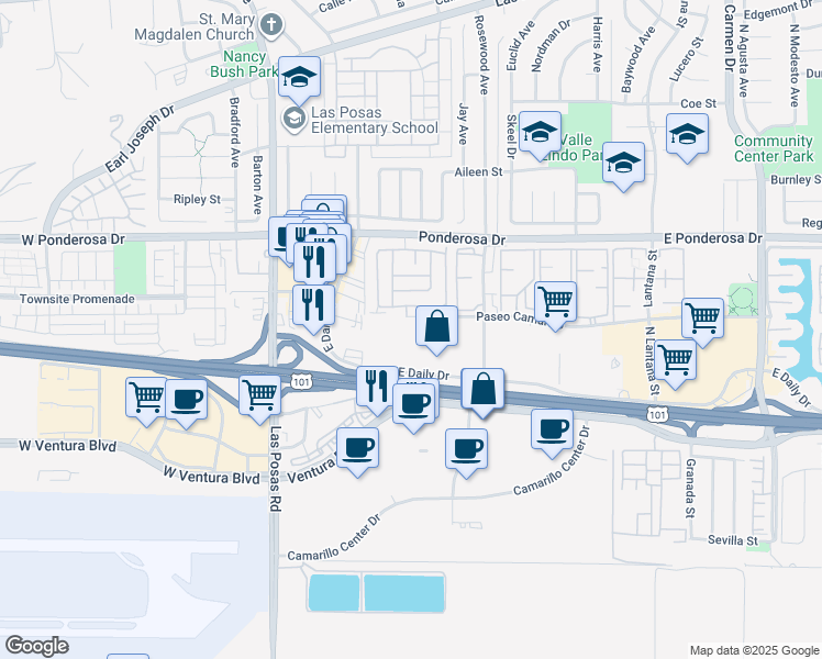 map of restaurants, bars, coffee shops, grocery stores, and more near 460 Paseo Del Valle in Camarillo