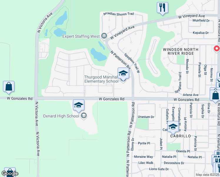 map of restaurants, bars, coffee shops, grocery stores, and more near 1941 Hazeltine Drive in Oxnard