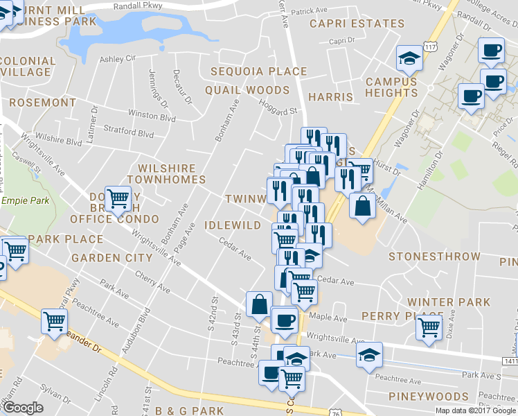 map of restaurants, bars, coffee shops, grocery stores, and more near in Wilmington