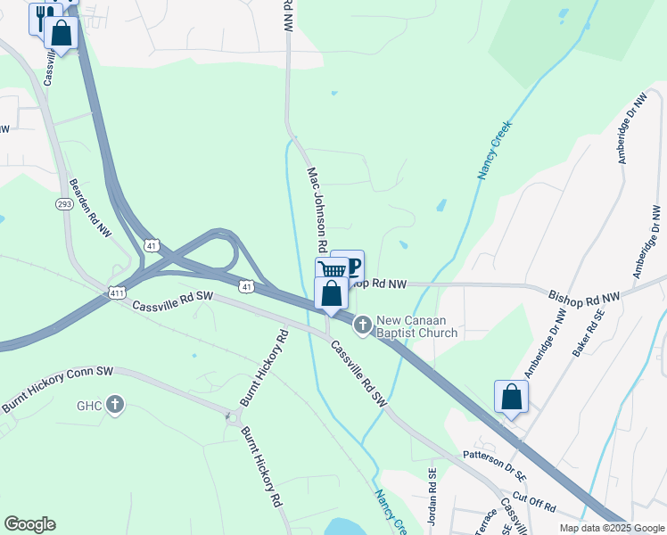 map of restaurants, bars, coffee shops, grocery stores, and more near 46 Mac Johnson Road Northwest in Cartersville