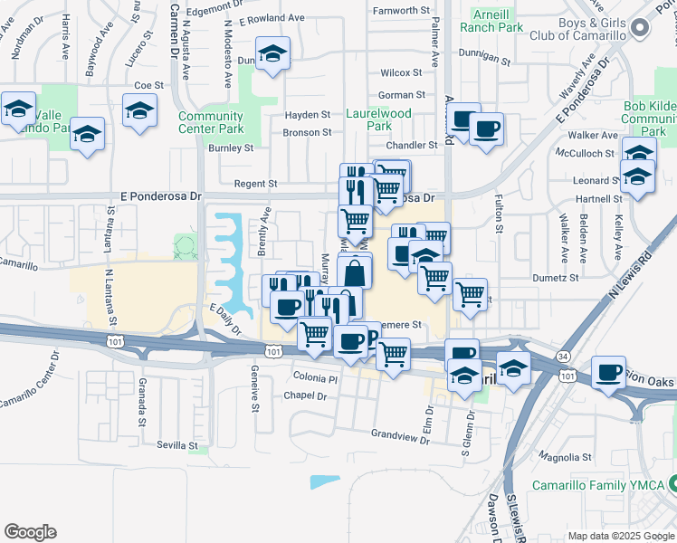 map of restaurants, bars, coffee shops, grocery stores, and more near 426 Murray Avenue in Camarillo