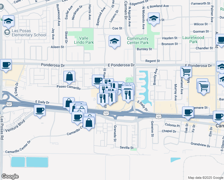 map of restaurants, bars, coffee shops, grocery stores, and more near 1233-1311 Paseo Camarillo in Camarillo
