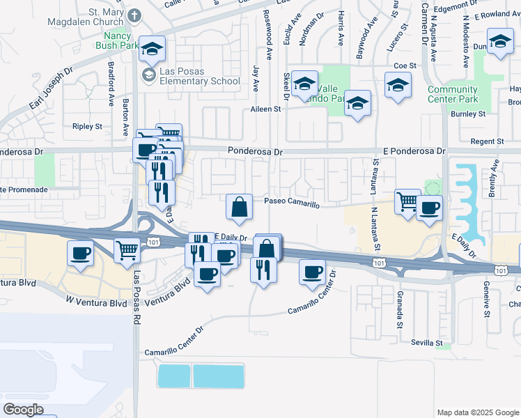 map of restaurants, bars, coffee shops, grocery stores, and more near 555 Rosewood Avenue in Camarillo