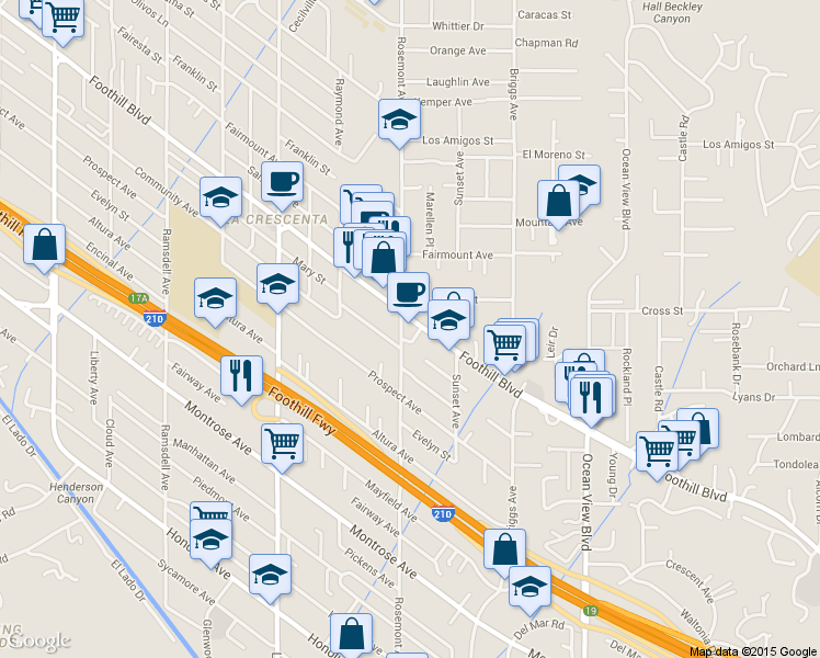 map of restaurants, bars, coffee shops, grocery stores, and more near 2550 Foothill Boulevard in La Crescenta-Montrose