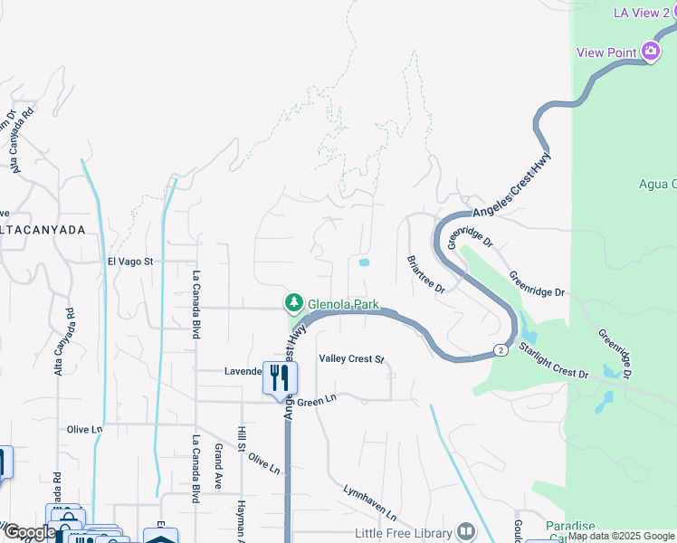 map of restaurants, bars, coffee shops, grocery stores, and more near 5250 Vista Lejana Lane in La Cañada Flintridge