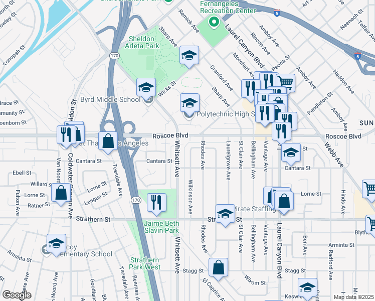 map of restaurants, bars, coffee shops, grocery stores, and more near 8225 Wilkinson Avenue in Los Angeles