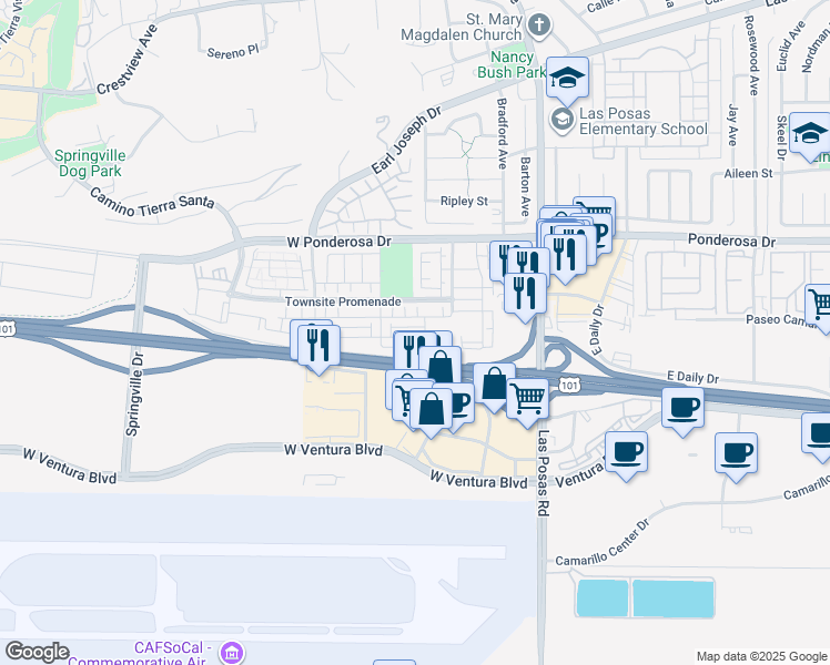 map of restaurants, bars, coffee shops, grocery stores, and more near 177 Stagetrail Road in Camarillo