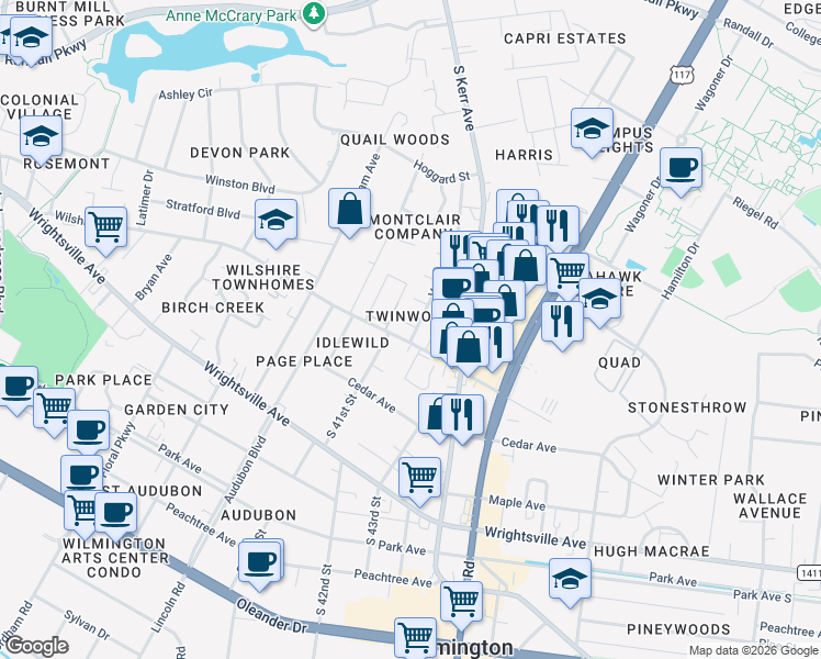 map of restaurants, bars, coffee shops, grocery stores, and more near in Wilmington