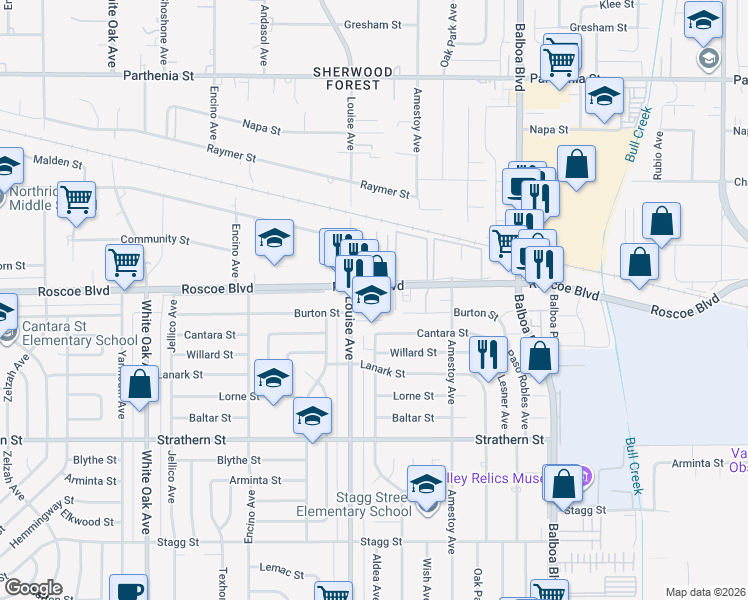 map of restaurants, bars, coffee shops, grocery stores, and more near 8238 North Sharuzi Lane in Los Angeles