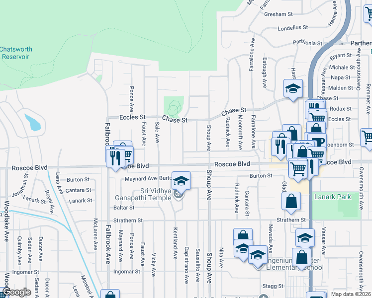 map of restaurants, bars, coffee shops, grocery stores, and more near 8334 Capistrano Avenue in Los Angeles