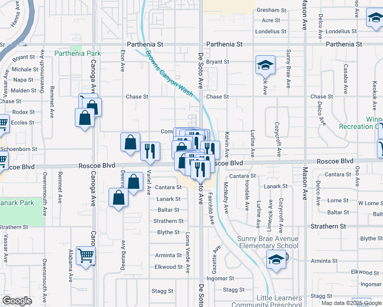 map of restaurants, bars, coffee shops, grocery stores, and more near 20923 Roscoe Boulevard in Los Angeles