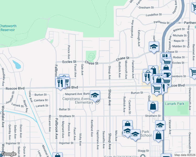 map of restaurants, bars, coffee shops, grocery stores, and more near 8334 Capistrano Avenue in Los Angeles