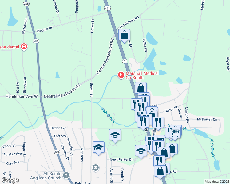 map of restaurants, bars, coffee shops, grocery stores, and more near 600 Corley Avenue in Boaz