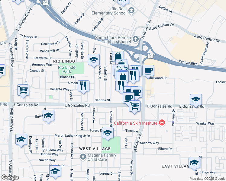 map of restaurants, bars, coffee shops, grocery stores, and more near 2001 Almanor Street in Oxnard