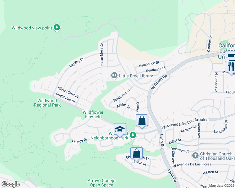 map of restaurants, bars, coffee shops, grocery stores, and more near 737 Primrose Street in Thousand Oaks