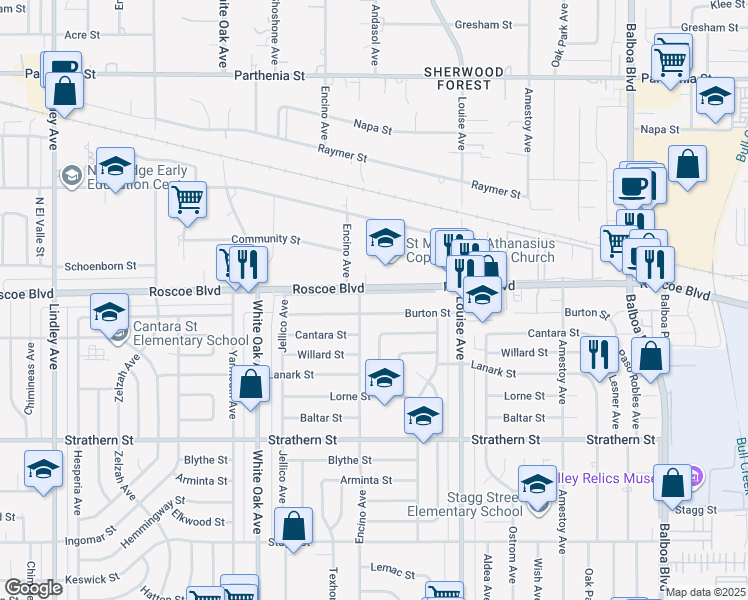 map of restaurants, bars, coffee shops, grocery stores, and more near 17442 Roscoe Blvd in Los Angeles