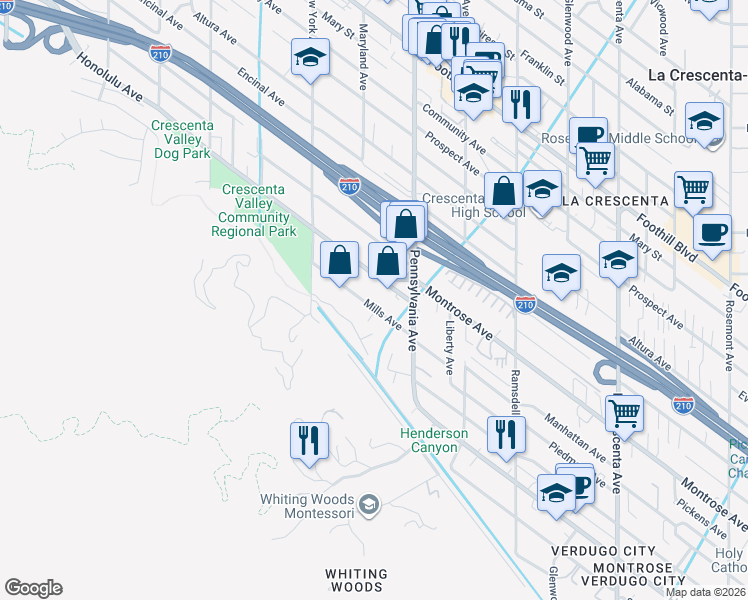 map of restaurants, bars, coffee shops, grocery stores, and more near 3249 Mills Avenue in Glendale