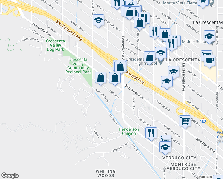 map of restaurants, bars, coffee shops, grocery stores, and more near 3249 Mills Avenue in Glendale
