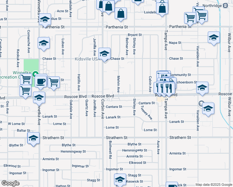 map of restaurants, bars, coffee shops, grocery stores, and more near 19553 Roscoe Boulevard in Los Angeles
