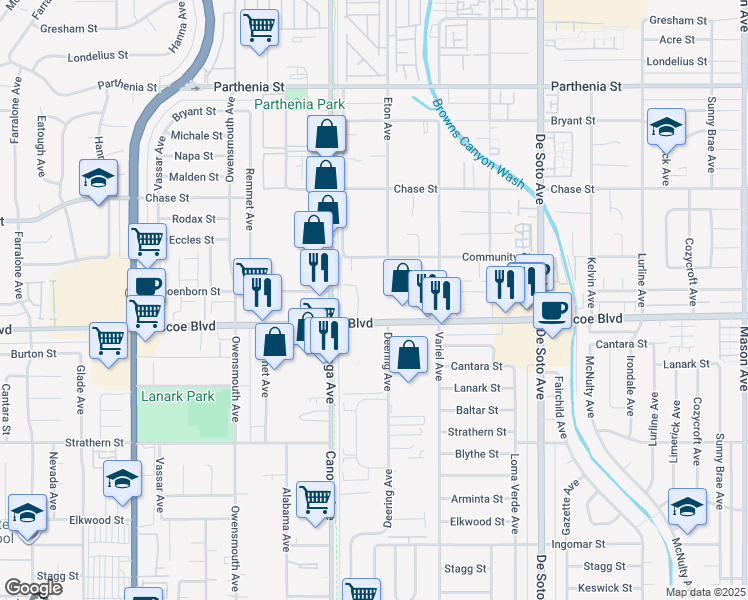 map of restaurants, bars, coffee shops, grocery stores, and more near 21315 Roscoe Boulevard in Los Angeles