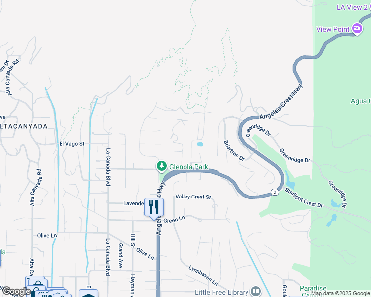 map of restaurants, bars, coffee shops, grocery stores, and more near 5250 Vista Lejana Lane in La Cañada Flintridge