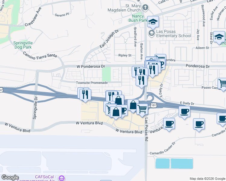 map of restaurants, bars, coffee shops, grocery stores, and more near 176 Stonegate Road in Camarillo