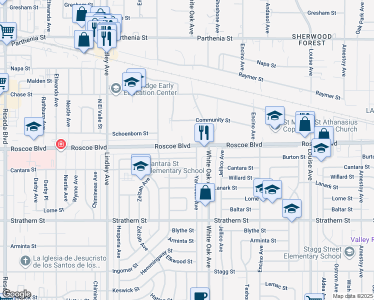 map of restaurants, bars, coffee shops, grocery stores, and more near 17805 Roscoe Boulevard in Los Angeles