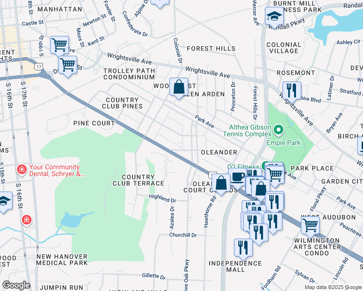 map of restaurants, bars, coffee shops, grocery stores, and more near 2611 Hydrangea Place in Wilmington