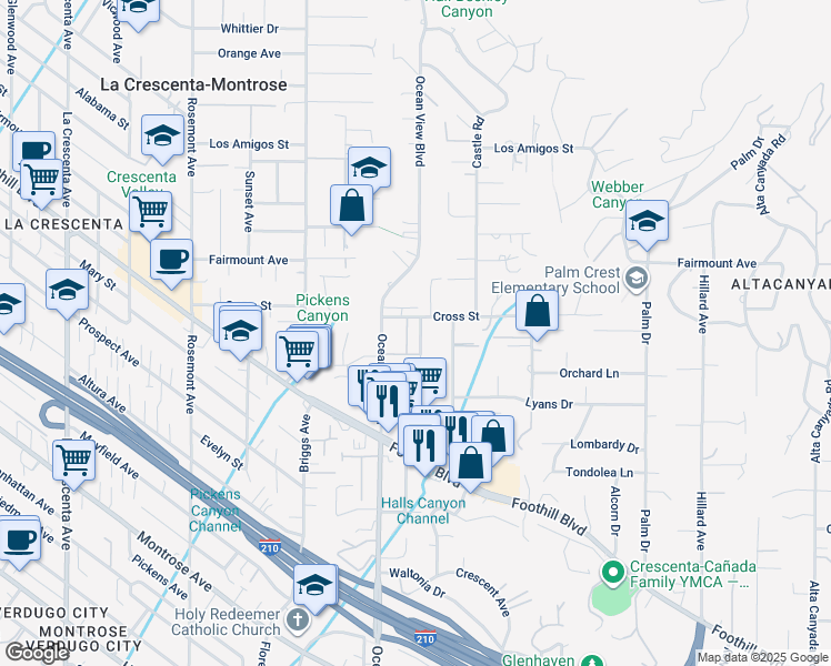 map of restaurants, bars, coffee shops, grocery stores, and more near 4717 Rockland Place in La Cañada Flintridge