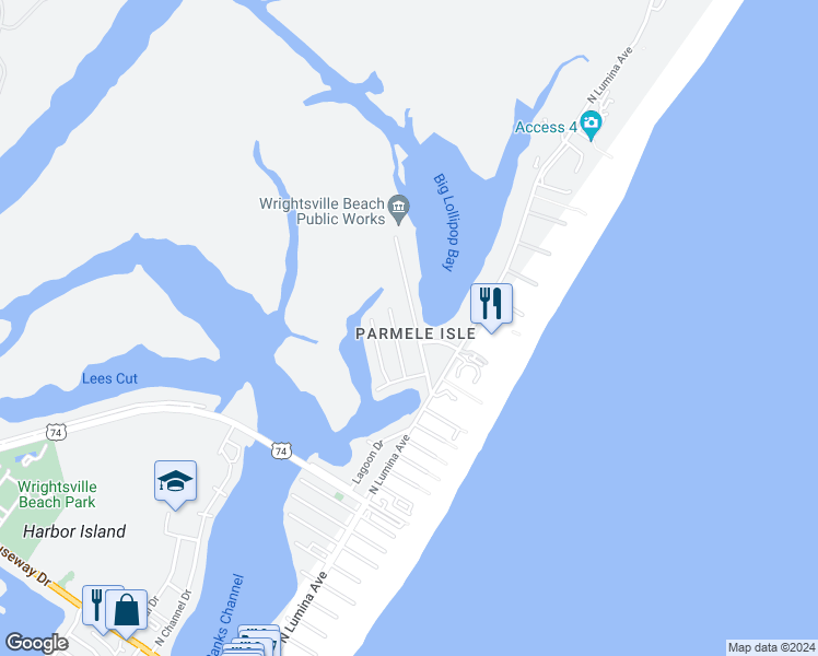 map of restaurants, bars, coffee shops, grocery stores, and more near 115 Parmele Boulevard in Wrightsville Beach