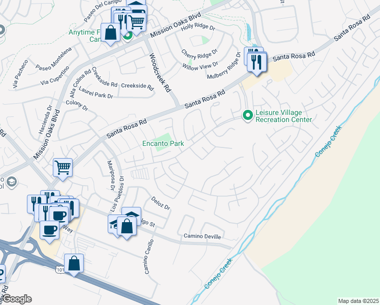 map of restaurants, bars, coffee shops, grocery stores, and more near 6204 Village 6 in Camarillo
