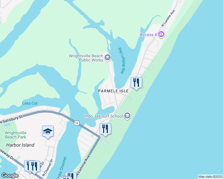 map of restaurants, bars, coffee shops, grocery stores, and more near 115 Parmele Boulevard in Wrightsville Beach