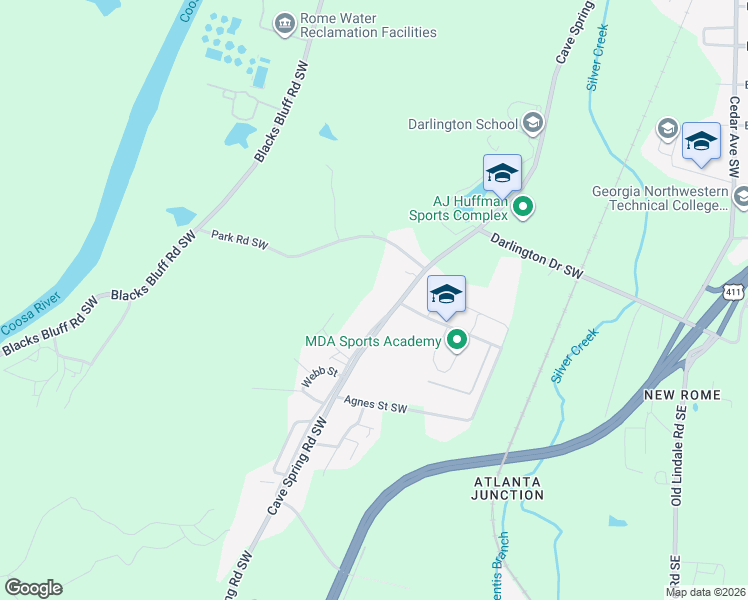 map of restaurants, bars, coffee shops, grocery stores, and more near 1300 Cave Spring Road Southwest in Rome