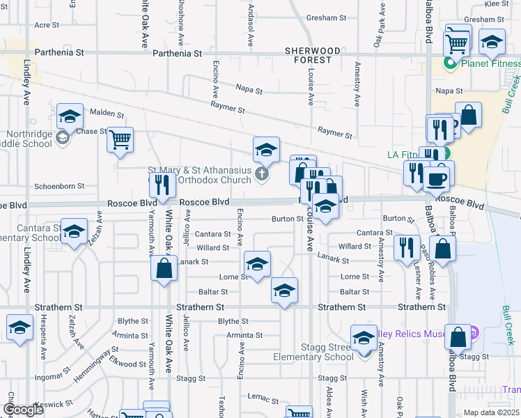 map of restaurants, bars, coffee shops, grocery stores, and more near 17422 Roscoe Boulevard in Los Angeles