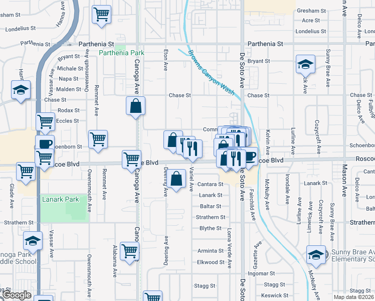 map of restaurants, bars, coffee shops, grocery stores, and more near 8325 Variel Avenue in Los Angeles