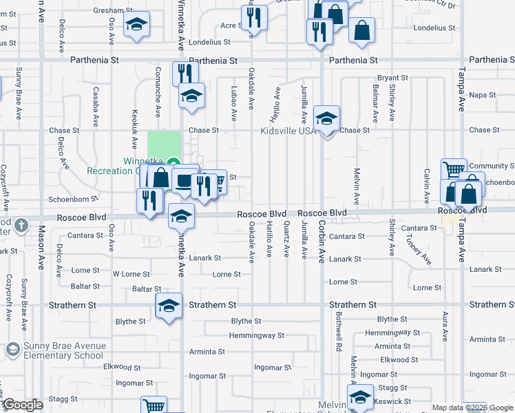 map of restaurants, bars, coffee shops, grocery stores, and more near 19869 Roscoe Boulevard in Los Angeles
