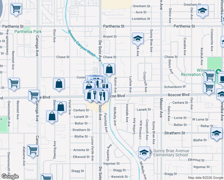 map of restaurants, bars, coffee shops, grocery stores, and more near 20807 Roscoe Boulevard in Los Angeles