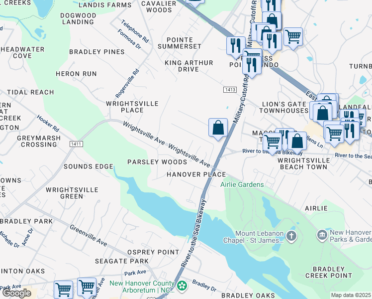 map of restaurants, bars, coffee shops, grocery stores, and more near 6279 Wrightsville Avenue in Wilmington
