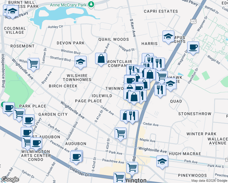 map of restaurants, bars, coffee shops, grocery stores, and more near in Wilmington