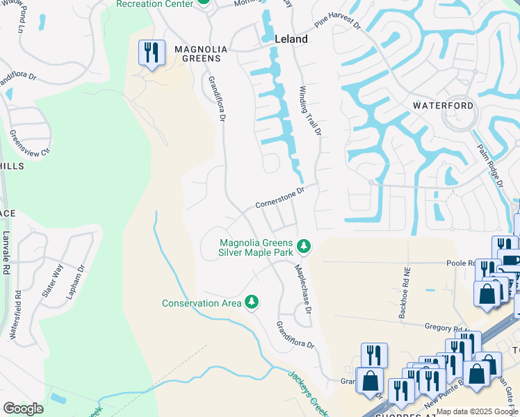 map of restaurants, bars, coffee shops, grocery stores, and more near 1002 Cordgrass Lane in Leland