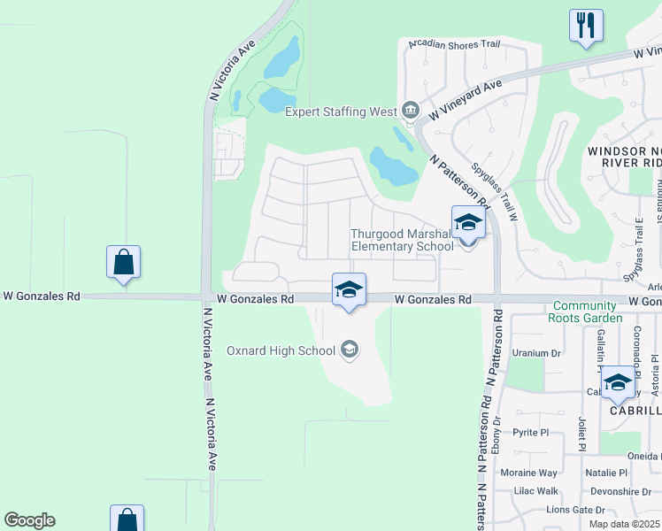 map of restaurants, bars, coffee shops, grocery stores, and more near 3442 Brookwood Lane in Oxnard