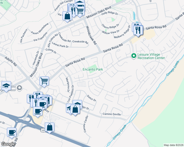 map of restaurants, bars, coffee shops, grocery stores, and more near 3211 Village 3 in Camarillo