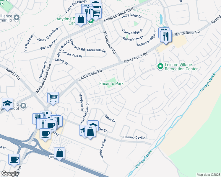 map of restaurants, bars, coffee shops, grocery stores, and more near 3211 Village 3 in Camarillo