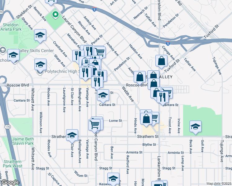 map of restaurants, bars, coffee shops, grocery stores, and more near 11957 Burton Street in Los Angeles