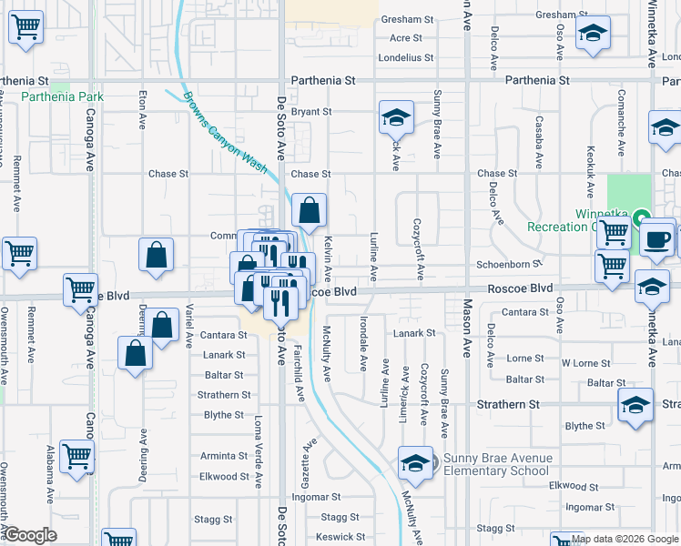 map of restaurants, bars, coffee shops, grocery stores, and more near 8330 McCue Court in Los Angeles