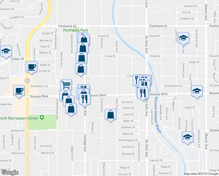 map of restaurants, bars, coffee shops, grocery stores, and more near 8340 Eton Avenue in Los Angeles