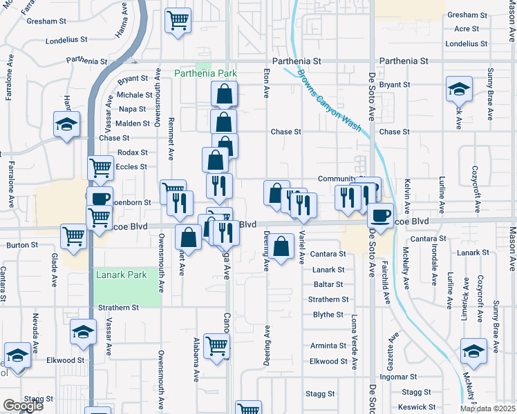 map of restaurants, bars, coffee shops, grocery stores, and more near 21315 Roscoe Boulevard in Los Angeles
