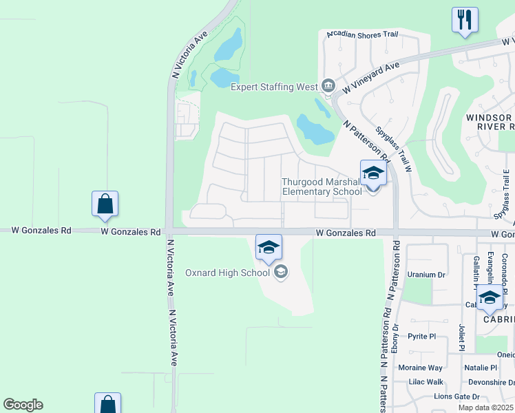 map of restaurants, bars, coffee shops, grocery stores, and more near 1949 Newcastle Drive in Oxnard