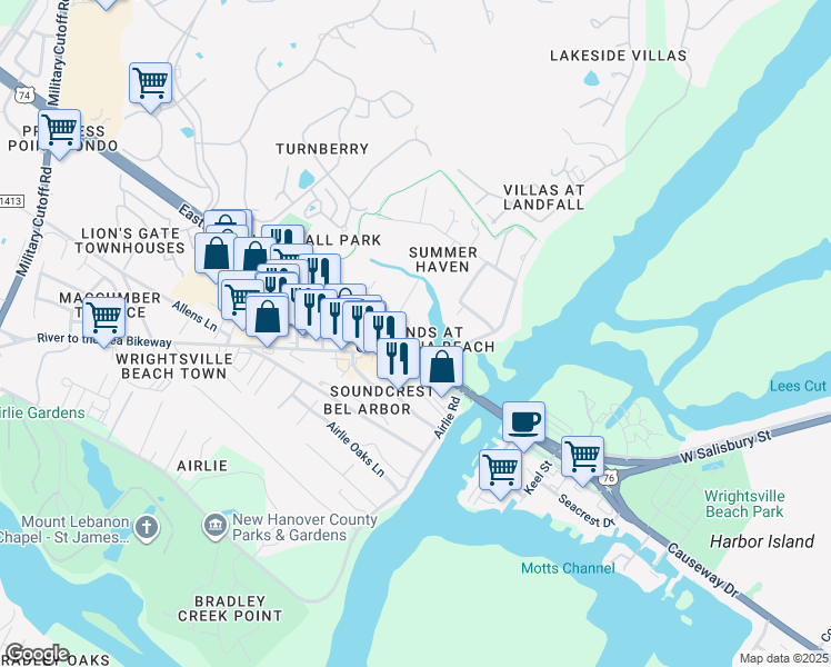 map of restaurants, bars, coffee shops, grocery stores, and more near 7215 Wrightsville Avenue in Wilmington