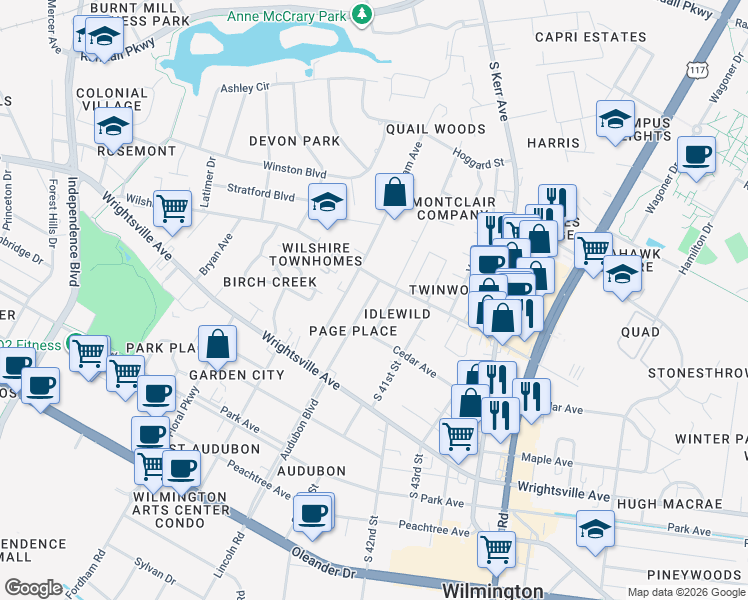 map of restaurants, bars, coffee shops, grocery stores, and more near 904 Page Avenue in Wilmington